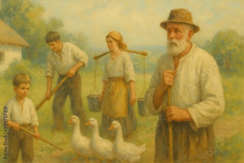 An oil painting shows a multi-generational family working on a farm, herding ducks and bringing water to the farm house, depicting agrarian life