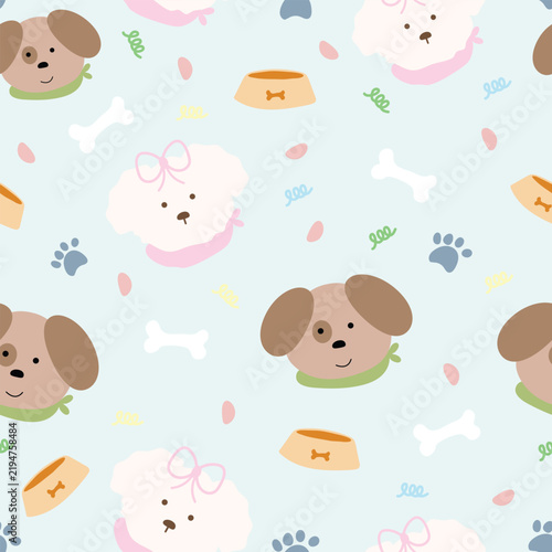 Cute Puppy and Pet Accessories Seamless Pattern Background
