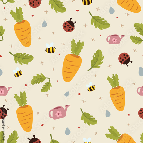 Cute Garden Seamless Pattern with Carrots, Bees and Ladybugs