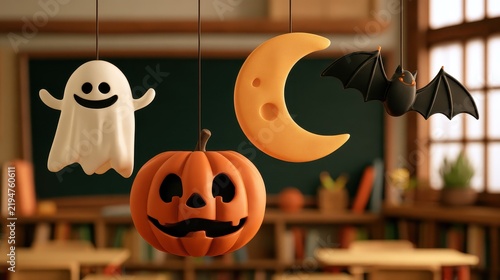 Spooky classroom decorations, pumpkin ghost moon and bat, child friendly design, 3D render illustration.