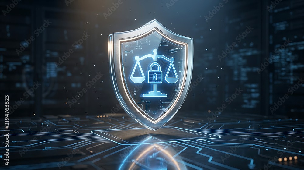 Fototapeta premium Digital security shield with a glowing scale of justice and padlock icon, representing legal compliance, data protection, and cybersecurity in a hightech server room environment