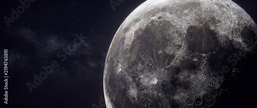 Moon surface with detailed craters shines prominently against a dark background of outer space.