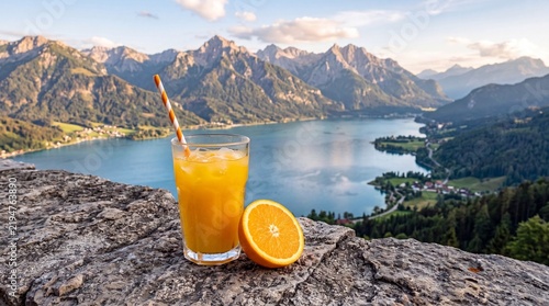 Fresh orange juice glass with a straw on a stone ledge with a stunning alpine lake and mountain landscape in the background