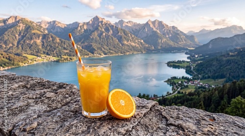 Refreshing orange juice with ice and sliced orange on stone wall overlooking a stunning alpine lake and mountain view