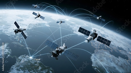 futuristic satellite network providing global internet connectivity, multiple spacecraft arranged around Earth, thin glowing communication links connecting orbital nodes, realistic spacecraft design,