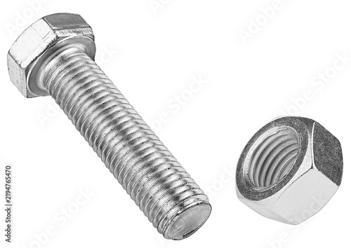 Tools for work - metal bolt and nut isolated on a white background. Chromed bolt. Steel bolt.