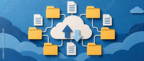 Layered paper cloud storage with yellow folders connected by paths and upload and download arrows