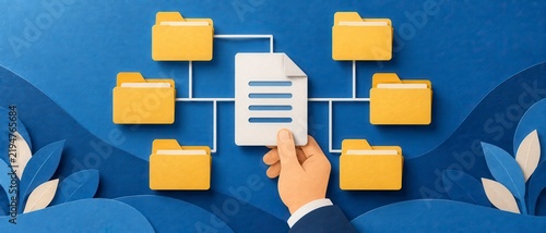 Central document with yellow folders arranged in a hierarchical structure on a blue textured background