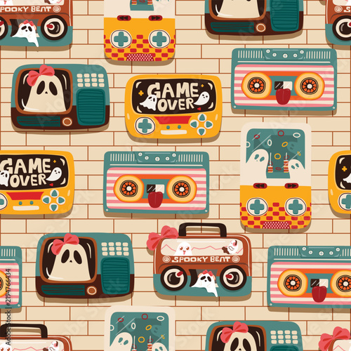 90s Retro Halloween Seamless Pattern with Vintage TVs Game Consoles Cassette Players and Ghosts