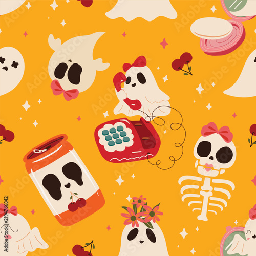Cute Halloween Ghost Seamless Pattern with Skeletons Candy and Retro 90s Elements