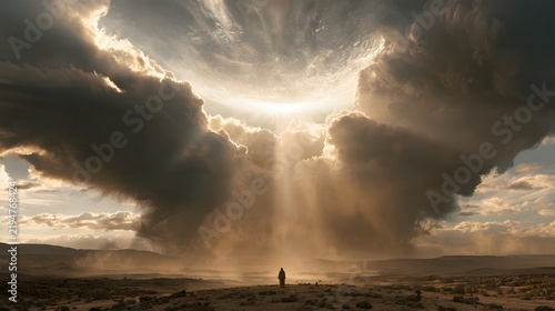 A lone figure stands in a vast desert under a dramatic sky with a swirling celestial opening and divine light rays