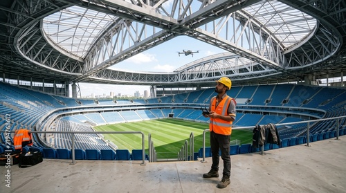 Construction worker inspects a modern stadium during daylight hours