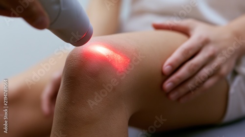 Closeup laser therapy on knee treatment with red light device for medical rehabilitation clinic and pain relief care background