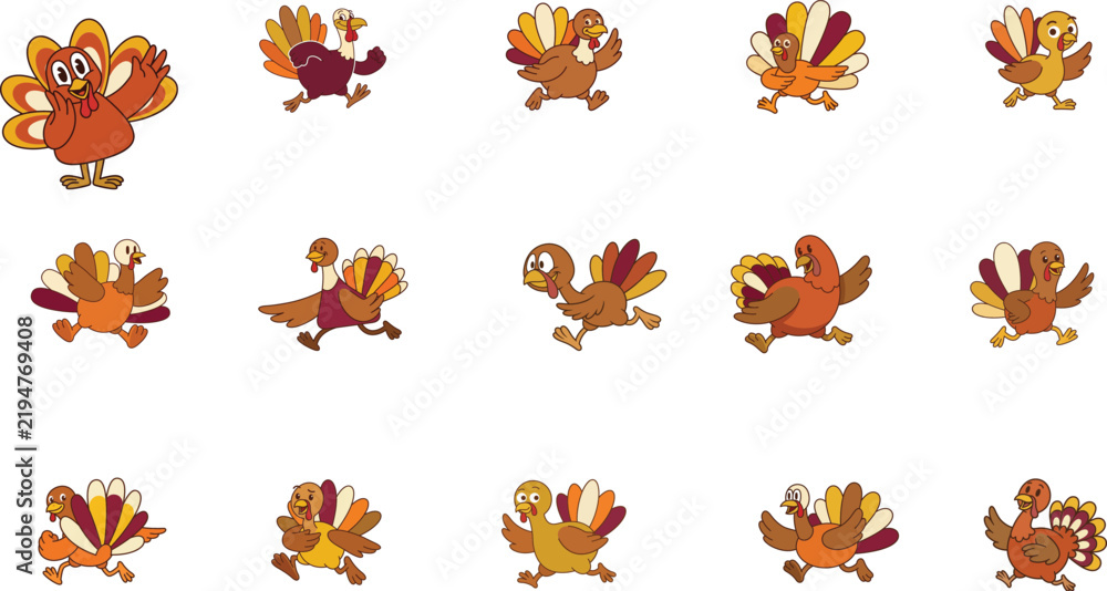 Fototapeta premium Set of cute cartoon turkey illustrations for thanksgiving holiday designs with thanksgiving dinner white background bird illustration cartoon chara