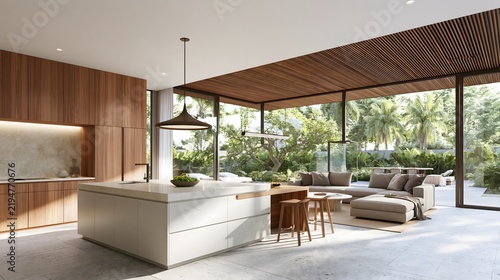 contemporary open plan residence with minimalist kitchen island and spacious living room, warm wood cabinetry, large windows, neutral textiles, clean stone flooring, tropical garden beyond the glass,