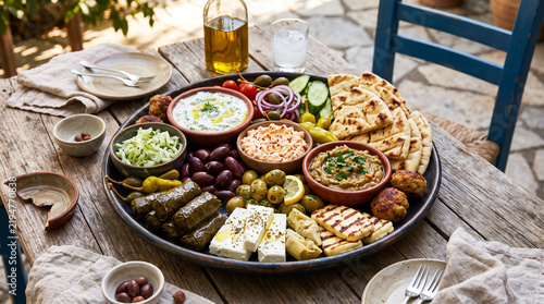 Greek meze platter with pita bread, dips, olives, feta cheese, and grilled halloumi on wooden table