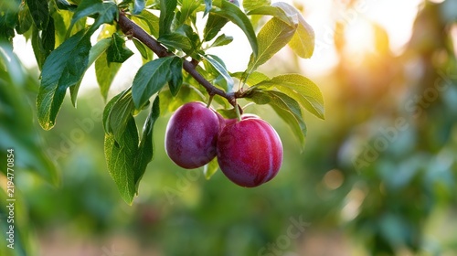 Ripe plums hanging on branch in sunlit orchard background