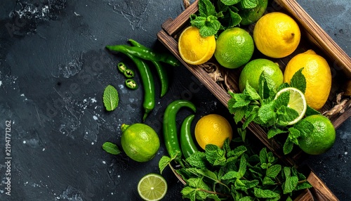 Top down flat lay of fresh lemons limes green chilis and mint in a wooden crate