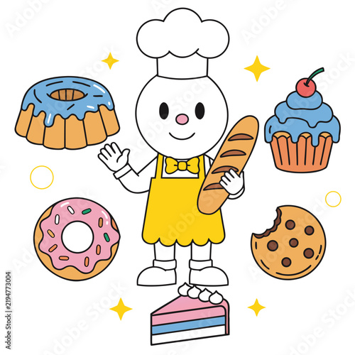 Cute Cartoon Kids and Chef Characters with Birthday Cake, Funny Food-Themed Animal and People Vector Illustration Set for Party and Celebration Design