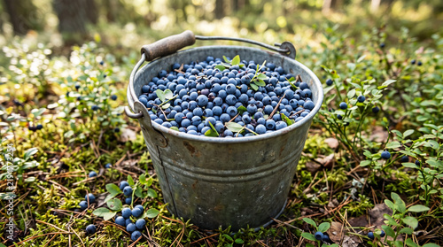 A metal bucket full of freshly picked wild blueberries in a forest setting