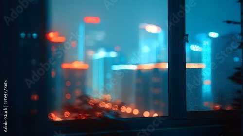 skyline viewed through a rain-covered window, blurred lights creating atmospheric reflections, distant skyscrapers fading into fog, intimate cinematic mood, shallow depth of field, sophisticated