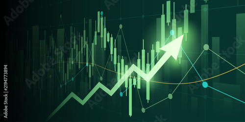Financial graph with uptrend line and arrows in stock market on green color background