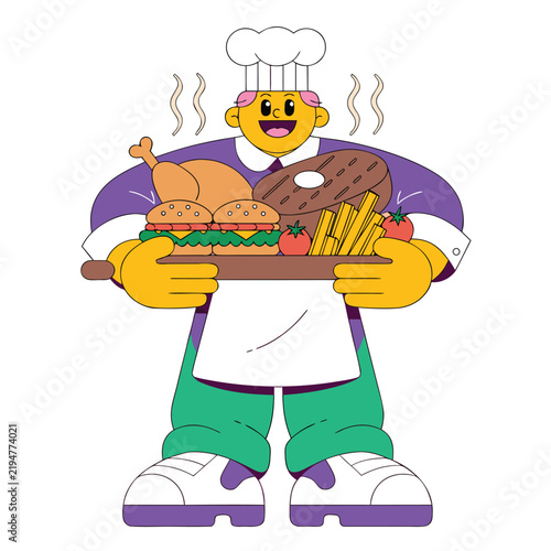 Funny Cartoon Chef Holding a Tray of Food Vector Illustration for Restaurant, Cooking, Winter, Christmas, Celebration and Food Service Design