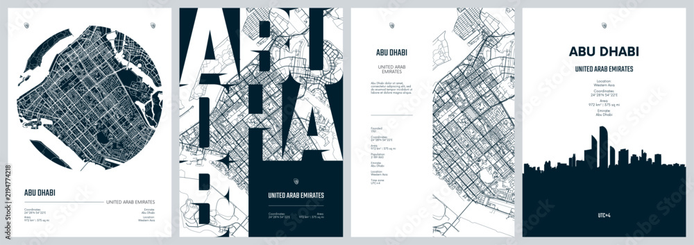 Fototapeta premium Set of travel posters design with street plan Abu Dhabi is the capital city of the United Arab Emirates, Silhouette city skyline, vector artwork, Monochrome printable detailed urban city map