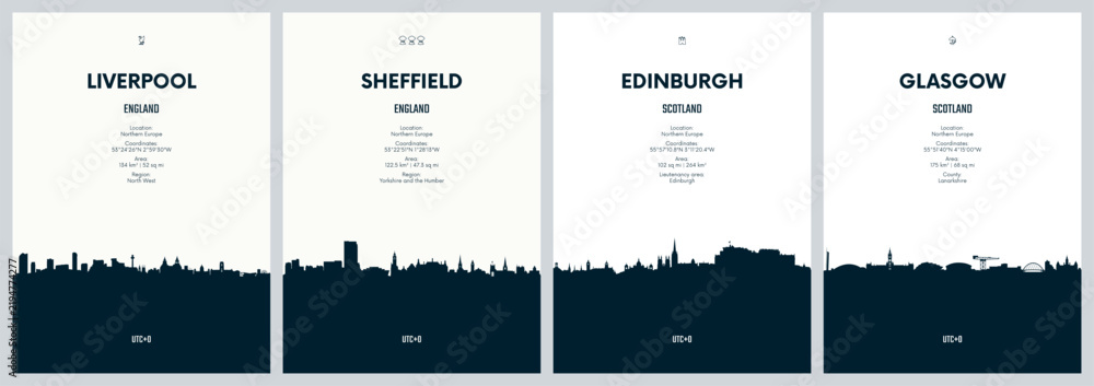 Fototapeta premium Set of travel posters with city skylines Liverpool, Sheffield, Edinburgh, Glasgow, Detailed minimalistic panorama of the urban silhouette, Black and white printable artwork, vector graphic