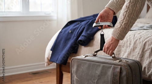 Traveler weighing suitcase before holiday departure