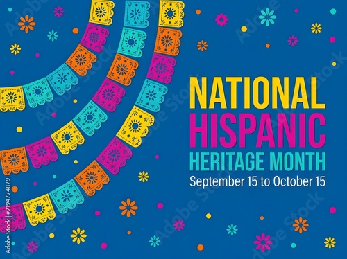 Colorful geometric patterns celebrating National Hispanic Heritage Month with date range September 15 to October 15