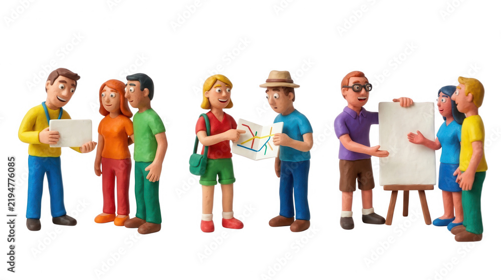 Fototapeta premium Colorful clay figures engaging in collaborative activities and discussions in a creative environment