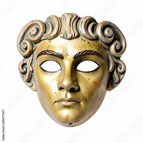 Ancient greek carnival mask with classical curls and expressionless face on white background, cutout eyes, theatre, tradition