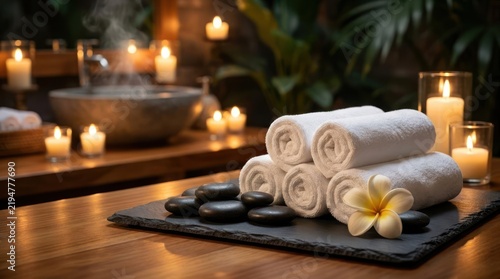 Spa treatment setup with rolled towels hot stones and candles