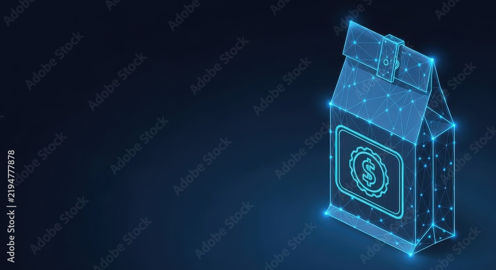 Obraz premium Digital Money Bag Icon with Glowing Blue Wireframe and Dollar Symbol, Representing Finance and Commerce