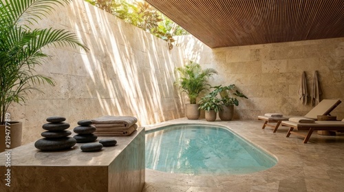 Tranquil spa area with a small pool and lounge chairs bathed in sunlight