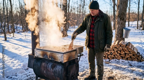 Obraz na płótnie Maple syrup maker tends a steaming outdoor evaporator