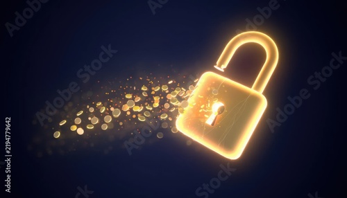 Glowing Open Padlock with Sparkling Effect and Digital Lock Hints