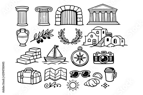 Greek Heritage Travel Icons Set – Hand Drawn Mediterranean Culture and Vacation Elements with Temple, Olive Branch, Compass