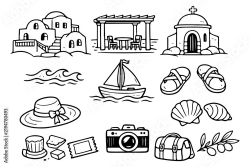 Greek Island Vacation Icons Set – Hand Drawn Mediterranean Travel Elements with Chapel, Sailboat, Olive Branch, Camera