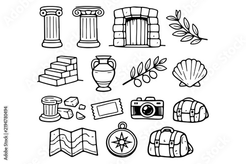 Greek Architecture and Travel Icons Set – Hand Drawn Mediterranean Heritage Elements with Columns, Olive Branch, Compass