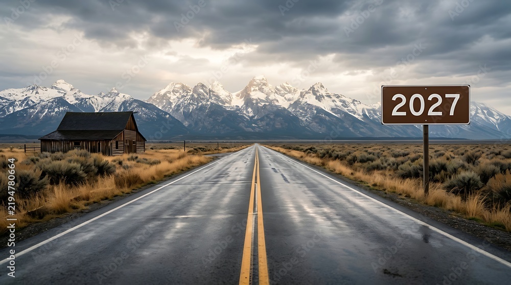 Obraz premium Scenic wet asphalt road leading toward snow covered mountain peaks under cloudy sky with roadside sign displaying year 2027 for conceptual transition.