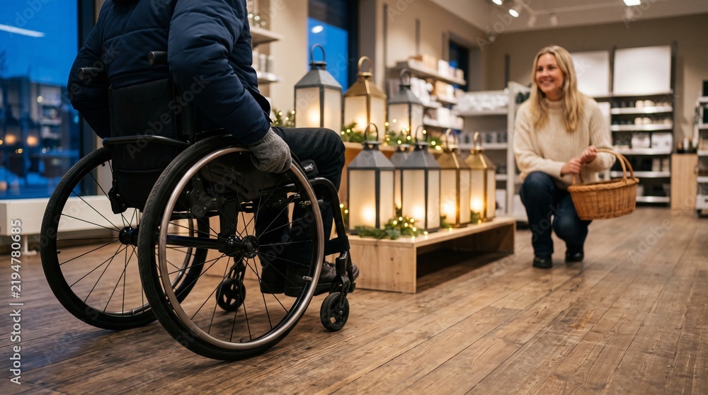 Obraz premium Wheelchair user moves through a Christmas lantern aisle