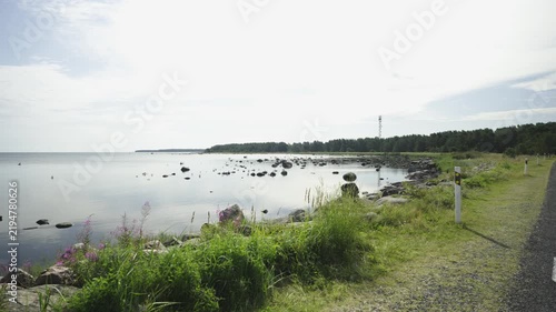 Rocks and rare plants growing on them. The gently sloping rocky shore is a popular spot for recreation and hiking. The Baltic Sea coast in Estonia in August