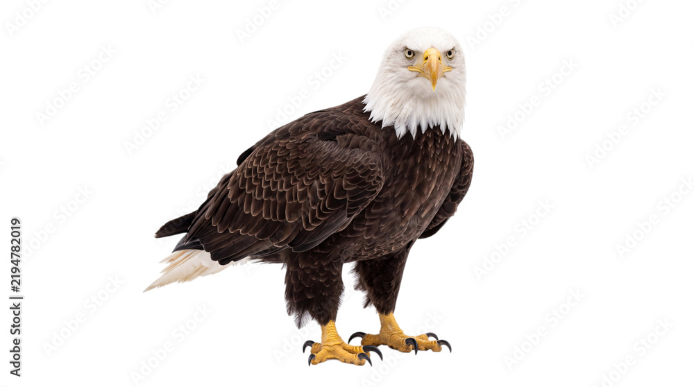 Fototapeta premium Bald eagle facing forward, standing on transparent isolated on png transparent background