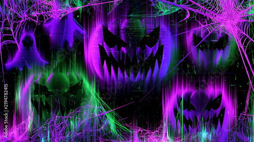 Cyber Halloween background with glowing pumpkins and spider webs  