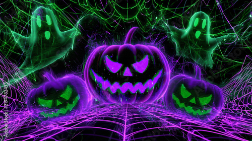 Glowing Halloween background with spooky pumpkins and ghostly figures  