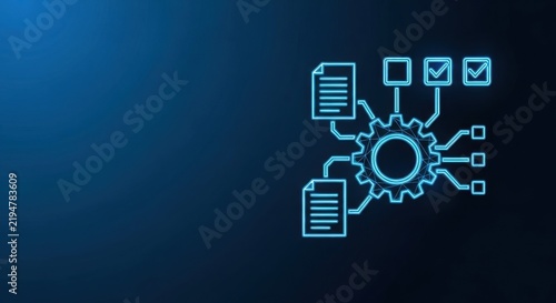 Abstract digital network diagram with gears and documents, representing technological processes and data flow on a dark blue background