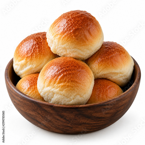 Freshly Baked Bread Rolls in Wooden Bowl Isolated on White Background.