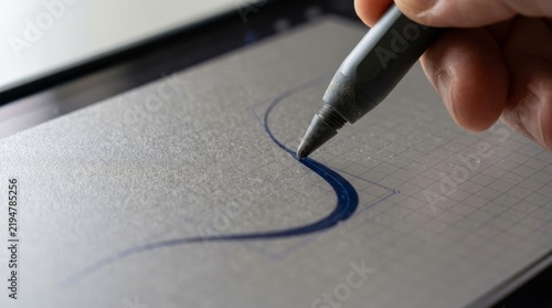 Hand drawing curved line on graph paper with stylus